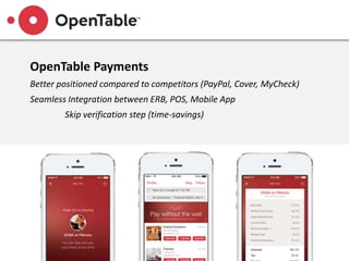 OpenTable Payments
Better positioned compared to competitors (PayPal, Cover, MyCheck)
Seamless Integration between ERB, PO...