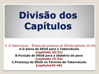 Divisão dos
Capítulos
3- O Tabernáculo – Ênfase da presença de DEUS(capítulos 25-40)
A.O plano de DEUS para o Tabernáculo
(capítulos 25-31)
B.Punição de DEUS para a Idolatria do povo
(capítulos 32-34)
C.Presença de DEUS no Término do Tabernáculo
(capítulos35-40)

 
