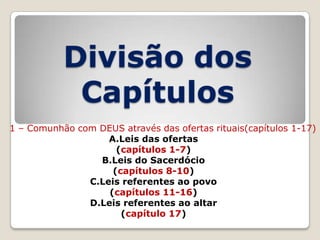 Divisão dos
Capítulos
1 – Comunhão com DEUS através das ofertas rituais(capítulos 1-17)
A.Leis das ofertas
(capítulos 1-7)
B.Leis do Sacerdócio
(capítulos 8-10)
C.Leis referentes ao povo
(capítulos 11-16)
D.Leis referentes ao altar
(capítulo 17)

 