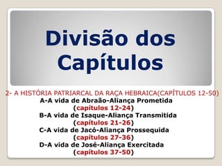 Divisão dos
Capítulos
2- A HISTÓRIA PATRIARCAL DA RAÇA HEBRAICA(CAPÍTULOS 12-50)
A-A vida de Abraão-Aliança Prometida
(capítulos 12-24)
B-A vida de Isaque-Aliança Transmitida
(capítulos 21-26)
C-A vida de Jacó-Aliança Prossequida
(capítulos 27-36)
D-A vida de José-Aliança Exercitada
(capítulos 37-50)

 