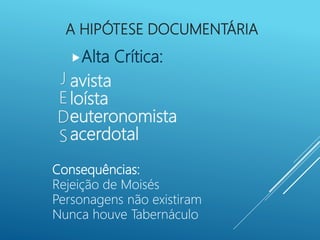 A HIPÓTESE DOCUMENTÁRIA
Alta Crítica:
avista
loísta
euteronomista
acerdotal
J
E
D
S
Consequências:
Rejeição de Moisés
Personagens não existiram
Nunca houve Tabernáculo
 