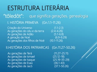 ESTRUTURA LITERÁRIA
I. HISTÓRIA PRIMEVA (Gn.1.1-11.26)
II.HISTÓRIA DOS PATRIARCAS (Gn.11.27-50.26)
“tôledôt”: que significa gerações, genealogia
Criação do Universo (1.1-2.3)
As gerações do céu e da terra (2.4-4.26)
As gerações de Adão (5.1-6.8)
A geração de Noé (6.9-9.29)
As gerações dos filhos de Noé (10.1-11.26)
As gerações de Terá (11.27-25.11)
As gerações de Ismael (25.12-18)
As gerações de Isaque (25.19-35-29)
As gerações de Esaú (36.1-43)
As gerações de Jacó (37.1-50.26)
 