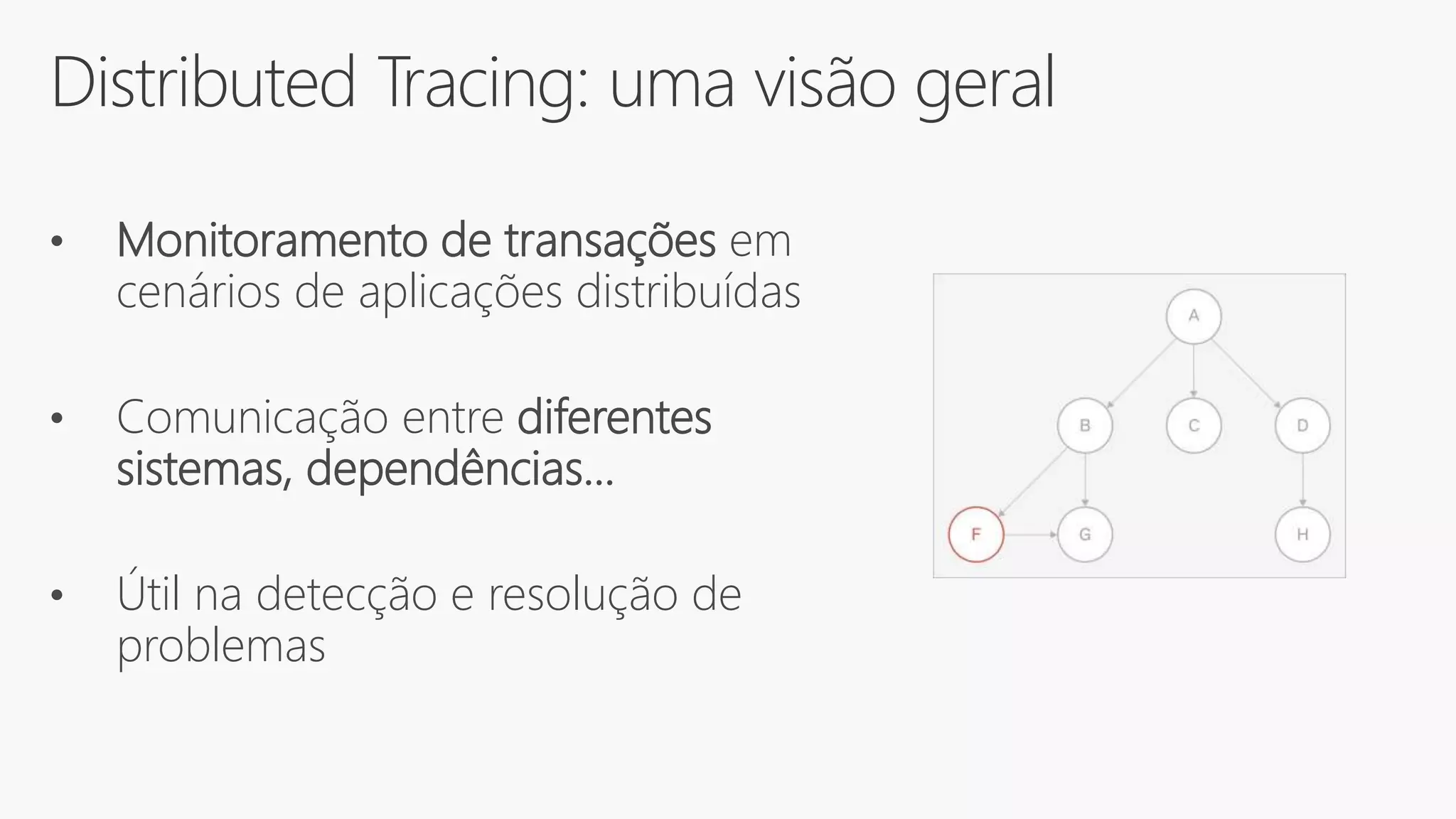 Distributed Tracing: uma visão geral
• Monitoramento de transações em
cenários de aplicações distribuídas
• Comunicação entre diferentes
sistemas, dependências...
• Útil na detecção e resolução de
problemas
 