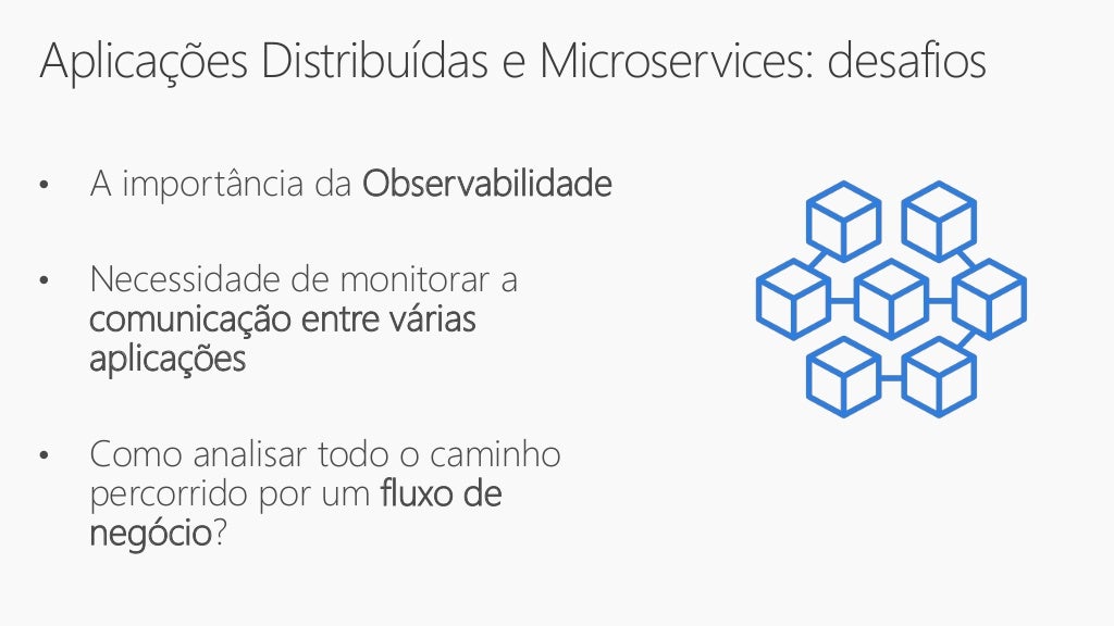 Aplicações Distribuídas e Microservices: desafios
• A importância da Observabilidade
• Necessidade de monitorar a
comunicação entre várias
aplicações
• Como analisar todo o caminho
percorrido por um fluxo de
negócio?
 