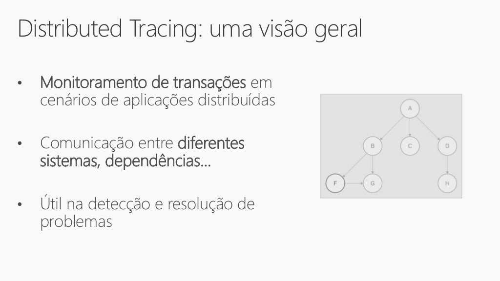 Distributed Tracing: uma visão geral
• Monitoramento de transações em
cenários de aplicações distribuídas
• Comunicação entre diferentes
sistemas, dependências...
• Útil na detecção e resolução de
problemas
 