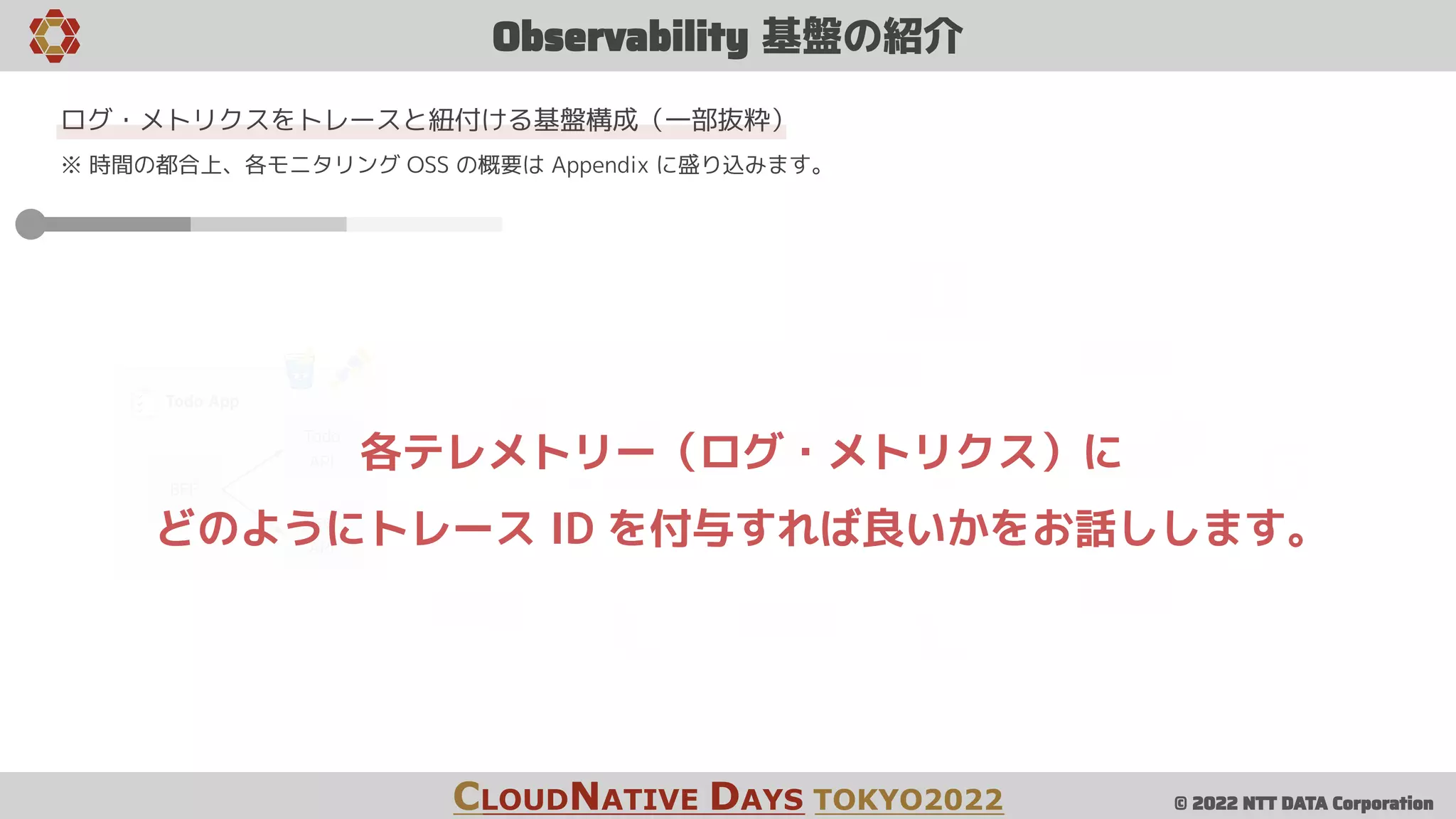 © 2022 NTT DATA Corporation
Observability 基盤の紹介
CLOUDNATIVE DAYS TOKYO2022
ログ・メトリクスをトレースと紐付ける基盤構成（一部抜粋）
※ 時間の都合上、各モニタリング OSS の概要は Appendix に盛り込みます。
BFF
User
API
Todo
API
Todo App
Collector Tempo
Promtail Loki
Traces
Logs
Traces
Logs
Traces
Logs
Trace
ID
Trace
ID Trace
ID
Metrics
Metrics
各テレメトリー（ログ・メトリクス）に
どのようにトレース ID を付与すれば良いかをお話しします。
 