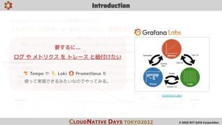 © 2022 NTT DATA Corporation
Introduction
CLOUDNATIVE DAYS TOKYO2022
(logging, tracing, metrics は無事取れたが...)
テレメトリーの活用 には、個別...