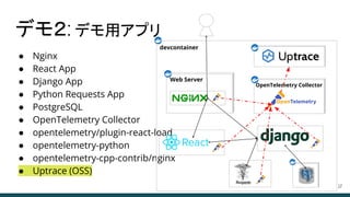 ● Nginx
● React App
● Django App
● Python Requests App
● PostgreSQL
● OpenTelemetry Collector
● opentelemetry/plugin-react-load
● opentelemetry-python
● opentelemetry-cpp-contrib/nginx
● Uptrace (OSS)
デモ２: デモ用アプリ
17
devcontainer
OpenTelemetry Collector
Web Server
 