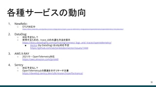 各種サービスの動向
1. NewRelic:
○ OTLP対応中
https://docs.newrelic.com/jp/docs/more-integrations/open-source-telemetry-integrations/opentelemetry/opentelemetry-introduction/
2. DataDog:
○ 対応予定なし？
○ 併用するための、 trace_idの共通化方法を提示
https://docs.datadoghq.com/ja/tracing/connect_logs_and_traces/opentelemetry/
■ Vector (by DataDog) はotlp対応予定
https://github.com/vectordotdev/vector/issues/1444
3. AWS X-RAY
○ 2021/9 ~ OpenTelemetry対応
https://aws.amazon.com/jp/otel/
4. Sentry
○ 対応予定なし？
○ OpenTelemetryとの関連を示すリサーチ文書
https://develop.sentry.dev/sdk/research/performance/
38
 