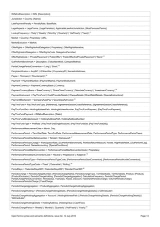OpenTerms syntax and semantic definitions, issue 02, 12 July 2016 Page 13
ISINAndDescription = ISIN, [Description];
Jurisdiction = Country, [Name];
LatePaymentPenalty = PenaltyRate, BaseRate;
LegalAspects = LegalTerms, {LegalVariation}, ApplicableLawAndJurisdiction, [MostFavouredTerms];
LookupFrequency = 'Daily' | 'Weekly' | 'Monthly' | 'Quarterly' | 'HalfYearly' | 'Yearly';11
Market = Country | Proprietary | URL;
MarketExclusion = Market;
OfferRights = OfferRightsAndDelegation | Proprietary | OfferRightsNarrative;
OfferRightsAndDelegation = OfferRightsCode, DelegationPermitted;
OfferRightsCode = 'PrivatePlacement' | 'PublicOffer' | 'PublicOfferAndPrivatePlacement' | 'None';12
OutPerformBenchmark = Description, [TickerIdentifier], CompareMethod;
PartialChargePeriodConvention = 'Long' | 'Short';13
PartyIdentification = AnyBIC | LEIIdentifier | ProprietaryID | NameAndAddress;
Payee = 'Company' | 'Counterparty';14
Payment = PaymentNumber, [PaymentName], PaymentInstrument;
PaymentCurrency = PaymentCurrencyBasis | Currency;
PaymentCurrencyBasis = 'BaseCurrency' | 'ShareClassCurrency' | 'MandateCurrency' | 'InvestmentCurrency';15
PaymentInstrument = PayThruFund | CreditTransferDetails | ChequeDetails | DirectDebitDetails, [SpecialInstructions];
PaymentMechanism = 'CompanyAutoPay' | 'CounterpartyInvoice';16
PayThruFund = PayThruFundType, [Reference], AgreementSectionCrossReference, {AgreementSectionCrossReference};
PayThruFundSet = HoldingAddressPath, HoldingAddressNumber, PayThruFundPayment, {PayThruFundPayment};
PayThruFundPayment = ISINAndDescription, [Ratio];
PayThruFundSingleAccount = HoldingAddressPath, HoldingAddressNumber;
PayThruFundType = 'ProRata' | PayThruFundSingleAccount | (PayThruFundSet, {PayThruFundSet});
PerformanceMeasurementDate = Month, Day;
PerformancePeriod = TermStartDate, TermEndDate, PerformanceMeasurementDate, PerformancePeriodType, PerformancePeriodYears;
PerformancePeriodHurdleConvention = 'Simple' | 'Compound';17
PerformancePeriodicCharge = ParticipationRate, [OutPerformBenchmark], PortfolioReturnMeasure, Hurdle, HighWaterMark, [OutPerformCap],
PerformancePeriod, SeriesAccounting, [SpecialConditions];
PerformancePeriodStartConvention = PerformancePeriodStartConventionCode | Proprietary;
PerformancePeriodStartConventionCode = 'Neutral' | 'Progressive' | 'Adaptive';18
PerformancePeriodType = PerformancePeriodTypeCode, [PerformancePeriodStartConvention], [PerformancePeriodHurdleConvention];
PerformancePeriodTypeCode = 'Fixed' | 'Extensible' | 'Rolling';19
PeriodDays = 'CalendarDays365' | 'CalendarDays366' | 'StandardYear360';20
PeriodicCharge = PeriodicChargeNumber, [PeriodicChargeName], PeriodicChargeType, TermStartDate, TermEndDate, Product, {Product},
{ProductExclusion}, PeriodicChargeHolding, [PeriodicChargeAggregation], CalculationFrequency, PeriodicChargePeriod,
PartialChargePeriodConvention, PeriodDays, YearDays, Payee, Discount, FeeSharePeriodicCharge | VolumePeriodicCharge |
PerformancePeriodicCharge | FixedCharge;
PeriodicChargeAggregation = ProductAggregation, PeriodicChargeHoldingAggregation;
PeriodicChargeHolding = (PeriodicChargeHoldingDetails, {PeriodicChargeHoldingDetails}) | 'DefinedLater';
PeriodicChargeHoldingAggregation = 'Account' | HoldingAddressPath | (PeriodicChargeHoldingDetails, {PeriodicChargeHoldingDetails}) |
'DefinedLater';
PeriodicChargeHoldingDetails = HoldingAddress, (HoldingValue | CashFlow);
PeriodicChargePeriod = 'Weekly' | 'Monthly' | 'Quarterly' | 'HalfYearly' | 'Yearly';21
 