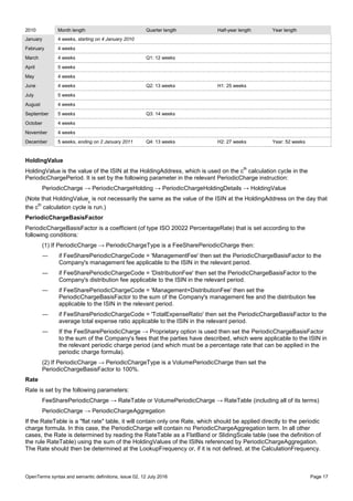 OpenTerms syntax and semantic definitions, issue 02, 12 July 2016 Page 17
2010 Month length Quarter length Half-year length Year length
January 4 weeks, starting on 4 January 2010
February 4 weeks
March 4 weeks Q1: 12 weeks
April 5 weeks
May 4 weeks
June 4 weeks Q2: 13 weeks H1: 25 weeks
July 5 weeks
August 4 weeks
September 5 weeks Q3: 14 weeks
October 4 weeks
November 4 weeks
December 5 weeks, ending on 2 January 2011 Q4: 13 weeks H2: 27 weeks Year: 52 weeks
HoldingValue
HoldingValue is the value of the ISIN at the HoldingAddress, which is used on the c
th
calculation cycle in the
PeriodicChargePeriod. It is set by the following parameter in the relevant PeriodicCharge instruction:
PeriodicCharge → PeriodicChargeHolding → PeriodicChargeHoldingDetails → HoldingValue
(Note that HoldingValuec
is not necessarily the same as the value of the ISIN at the HoldingAddress on the day that
the c
th
calculation cycle is run.)
PeriodicChargeBasisFactor
PeriodicChargeBasisFactor is a coefficient (of type ISO 20022 PercentageRate) that is set according to the
following conditions:
(1) If PeriodicCharge → PeriodicChargeType is a FeeSharePeriodicCharge then:
― if FeeSharePeriodicChargeCode = 'ManagementFee' then set the PeriodicChargeBasisFactor to the
Company's management fee applicable to the ISIN in the relevant period.
― if FeeSharePeriodicChargeCode = 'DistributionFee' then set the PeriodicChargeBasisFactor to the
Company's distribution fee applicable to the ISIN in the relevant period.
― if FeeSharePeriodicChargeCode = 'Management+DistributionFee' then set the
PeriodicChargeBasisFactor to the sum of the Company's management fee and the distribution fee
applicable to the ISIN in the relevant period.
― if FeeSharePeriodicChargeCode = 'TotalExpenseRatio' then set the PeriodicChargeBasisFactor to the
average total expense ratio applicable to the ISIN in the relevant period.
― If the FeeSharePeriodicCharge → Proprietary option is used then set the PeriodicChargeBasisFactor
to the sum of the Company's fees that the parties have described, which were applicable to the ISIN in
the relevant periodic charge period (and which must be a percentage rate that can be applied in the
periodic charge formula).
(2) If PeriodicCharge → PeriodicChargeType is a VolumePeriodicCharge then set the
PeriodicChargeBasisFactor to 100%.
Rate
Rate is set by the following parameters:
FeeSharePeriodicCharge → RateTable or VolumePeriodicCharge → RateTable (including all of its terms)
PeriodicCharge → PeriodicChargeAggregation
If the RateTable is a "flat rate" table, it will contain only one Rate, which should be applied directly to the periodic
charge formula. In this case, the PeriodicCharge will contain no PeriodicChargeAggregation term. In all other
cases, the Rate is determined by reading the RateTable as a FlatBand or SlidingScale table (see the definition of
the rule RateTable) using the sum of the HoldingValues of the ISINs referenced by PeriodicChargeAggregation.
The Rate should then be determined at the LookupFrequency or, if it is not defined, at the CalculationFrequency.
 