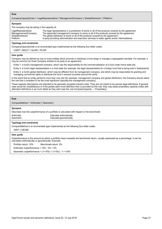 OpenTerms syntax and semantic definitions, issue 02, 12 July 2016 Page 27
Rule
CompanyCapacityCode = 'LegalRepresentative' | 'ManagementCompany' | 'GlobalDistributor' | 'Platform';
Synopsis
The company may be acting in the capacity of:
LegalRepresentative The legal representative in a jurisdiction of some or all of the products covered by the agreement.
ManagemementCompany The appointed management company to some or all of the products covered by the agreement.
GlobalDistributor The global distributor of some or all of the products covered by the agreement.
Platform A party providing administration and execution services to sales agents and/or intermediaries.
Typology and constraints
CompanyCapacityCode is an enumerated type implemented as the following four-letter codes:
'LREP' | 'MGCY' | 'GLDR' | 'PLFM'.
User guide
Company may be defined as one or more entities which promote or distribute a fund range or manage a segregated mandate. For example, it
may be common for three Company entities to be party to an agreement:
Entity 1: a fund's management company, which has the responsibility for the commercialisation of a fund under home state law.
Entity 2: a fund's legal representative in a host state (for example, the legal representative for a foreign fund that is being sold in Switzerland).
Entity 3: a fund's global distributor, which may be different from its management company, and which may be responsible for granting and
managing commercial rights to distribute the fund in several countries around the world.
In the event that an entity performs more than one role (for example, management company and global distributor), the Company should select
the role that it considers to be the most significant (typically the management company).
These capacity descriptions are intended to be generally accepted industry roles. They are not meant to be precise legal definitions. If general
roles would be unsatisfactory or if the parties want more definition than is provided by this rule, they may adopt proprietary capacity codes with
attendant definitions in as much detail as they wish (see the rule CompanyCapacity → Proprietary).
Rule
CompareMethod = 'Arithmetic' | 'Geometric';
Synopsis
Describes how the outperformance of a portfolio is calculated with respect to the benchmark:
Arithmetic Calculate arithmetically.
Geometric Calculate geometrically.
Typology and constraints
CompareMethod is an enumerated type implemented as the following four-letter codes:
'ARIT' | 'GEOM'.
User guide
Outperformance is the amount by which a portfolio return exceeds the benchmark return, usually expressed as a percentage. It can be
calculated arithmetically or geometrically. Example:
Portfolio return: 10% Benchmark return: 5%
Arithmetic outperformance = 10% - 5% = 5%
Geometric outperformance = (1+10%) ÷ (1+5%) - 1 = 4.8%
 