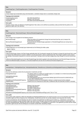 OpenTerms syntax and semantic definitions, issue 02, 12 July 2016 Page 33
Rule
FixedChargeType = FixedChargeDescription | FixedChargeCode | Proprietary;
Synopsis
A fixed charge may be described using a text description, a standard charge code or a proprietary charge code.
Typology and constraints
FixedChargeDescription: ISO 20022 Max2000Text.
FixedChargeCode: Defined in this document.
Proprietary: ISO 20022 GenericIdentification30.
User guide
Standard charge codes are defined by FixedChargeCode. New codes can be defined as proprietary codes provided that the parties to the
agreement agree upon their definition.
Rule
FixedChargeCode = 'BenchmarkChange' | 'MinimumPeriodicChargeAmount';
Synopsis
Fixed charges may be applied for the following reasons:
BenchmarkChange When the parties to the agreement change the benchmark that they use to measure the
performance of a Product.
MinimumPeriodicChargeAmount To ensure that the PeriodicCharges applicable in a PeriodicChargePeriod are not less than a
defined amount.
Typology and constraints
FixedChargeCode is an enumerated type implemented as the following four-letter codes:
'BMCH' | 'MPCA'.
User guide
A BenchmarkChange charge is the fixed charge applicable when the Counterparty requests the Company to change the benchmark that is used
to measure the performance of a product, whether or not the benchmark is used in a performance fee. The charge is applied to each product;
for example, five products measured to a common benchmark 'A' will give rise to five fixed charges when they change to a common benchmark
'B'.
A MinimiumPeriodicChargeAmount is the total PeriodicCharge that shall be applied in the event that the sum of all PeriodicCharges (excluding
PerformanceBasedCharges) calculated in a PeriodicChargePeriod are less than the MinimiumPeriodicChargeAmount.
Rule
HoldingAddress = HoldingAddressType, HoldingAddressNumber, SharedAccount, [SharedAccountHoldingUpdateFrequency], [EligiblePosition];
Synopsis
Describe the addresses at which the Counterparty's investments are held:
HoldingAddressType The address refers to a holding at a transfer agency or a custodian or an internal accounting system
or at Clearstream, Euroclear or FundSettle.
HoldingAddressNumber The address number.
SharedAccount The HoldingAddressType is an account-level address type and the account is shared with one
or more other beneficial owners.
SharedAccountHoldingUpdateFrequency The frequency at which the Counterparty's interest in a shared account will be analysed.
EligiblePosition Positions are to be measured by trade date or settlement date and optionally included or excluded.
Typology and constraints
HoldingAddressType: Defined in this document.
HoldingAddressNumber: ISO 20022 Max35Text.
SharedAccount: ISO 20022 YesNoIndicator.
SharedAccountHoldingUpdateFrequency: Defined in this document.
EligiblePosition: Defined in this document.
SharedAccountHoldingUpdateFrequency must only be used if SharedAccountFlag is set to 'Yes' or 'True'.
User guide
Some parties prefer explicitly to define the SharedAccountHoldingUpdateFrequency for shared accounts, but it is not compulsory and charge
calculation agents will infer a frequency from HoldingValue. Shared accounts are not normally analysed more frequently than monthly.
In some circumstances, the Counterparty may wish to include in the agreement an iCSD account number (e.g., Clearstream or Euroclear)
whereas the Company's charge calculation agent may need to know the agent code that will be issued by the Company's transfer agent. Both
are valid HoldingAddresses, although they point to the same holdings. It is acceptable to include both in the agreement provided that the charge
calculation agent ensures that the holdings are not double-counted when calculating charges.
 