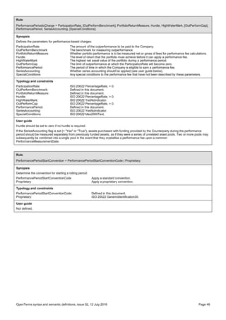OpenTerms syntax and semantic definitions, issue 02, 12 July 2016 Page 46
Rule
PerformancePeriodicCharge = ParticipationRate, [OutPerformBenchmark], PortfolioReturnMeasure, Hurdle, HighWaterMark, [OutPerformCap],
PerformancePeriod, SeriesAccounting, [SpecialConditions];
Synopsis
Defines the parameters for performance-based charges:
ParticipationRate The amount of the outperformance to be paid to the Company.
OutPerformBenchmark The benchmark for measuring outperformance
PortfolioReturnMeasure Whether portolio performance is to be measured net or gross of fees for performance fee calculations.
Hurdle The level of return that the portfolio must achieve before it can apply a performance fee.
HighWaterMark The highest net asset value of the portfolio during a performance period.
OutPerformCap The limit of outperformance at which the ParticipationRate will become zero.
PerformancePeriod The period of time in which the Company is eligible to earn a performance fee.
SeriesAccounting Whether series accounting should be applied (see user guide below).
SpecialConditions Any special conditions to the performance fee that have not been described by these parameters.
Typology and constraints
ParticipationRate: ISO 20022 PercentageRate, > 0.
OutPerformBenchmark: Defined in this document.
PortfolioReturnMeasure: Defined in this document.
Hurdle: ISO 20022 PercentageRate, > 0.
HighWaterMark: ISO 20022 YesNoIndicator.
OutPerformCap: ISO 20022 PercentageRate, > 0.
PerformancePeriod: Defined in this document.
SeriesAccounting: ISO 20022 YesNoIndicator.
SpecialConditions: ISO 20022 Max2000Text.
User guide
Hurdle should be set to zero if no hurdle is required.
If the SeriesAccounting flag is set (= "Yes" or "True"), assets purchased with funding provided by the Counterparty during the performance
period should be measured separately from previously funded assets, as if they were a series of unrelated asset pools. Two or more pools may
subsequently be combined into a single pool in the event that they crystallise a performance fee upon a common
PerformanceMeasurementDate.
Rule
PerformancePeriodStartConvention = PerformancePeriodStartConventionCode | Proprietary;
Synopsis
Determine the convention for starting a rolling period:
PerformancePeriodStartConventionCode Apply a standard convention.
Proprietary Apply a proprietary convention.
Typology and constraints
PerformancePeriodStartConventionCode: Defined in this document.
Proprietary: ISO 20022 GenericIdentification30.
User guide
Not defined.
 