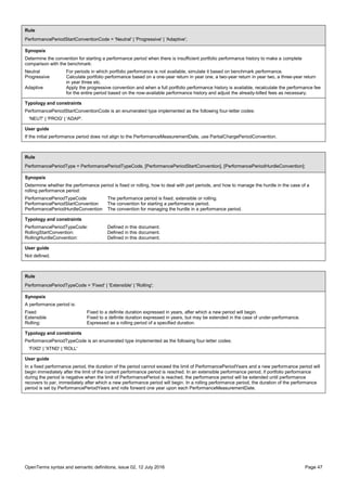 OpenTerms syntax and semantic definitions, issue 02, 12 July 2016 Page 47
Rule
PerformancePeriodStartConventionCode = 'Neutral' | 'Progressive' | 'Adaptive';
Synopsis
Determine the convention for starting a performance period when there is insufficient portfolio performance history to make a complete
comparison with the benchmark:
Neutral For periods in which portfolio performance is not available, simulate it based on benchmark performance.
Progressive Calculate portfolio performance based on a one-year return in year one, a two-year return in year two, a three-year return
in year three etc.
Adaptive Apply the progressive convention and when a full portfolio performance history is available, recalculate the performance fee
for the entire period based on the now-available performance history and adjust the already-billed fees as necessary.
Typology and constraints
PerformancePeriodStartConventionCode is an enumerated type implemented as the following four-letter codes:
'NEUT' | 'PROG' | 'ADAP'.
User guide
If the initial performance period does not align to the PerformanceMeasurementDate, use PartialChargePeriodConvention.
Rule
PerformancePeriodType = PerformancePeriodTypeCode, [PerformancePeriodStartConvention], [PerformancePeriodHurdleConvention];
Synopsis
Determine whether the performance period is fixed or rolling, how to deal with part periods, and how to manage the hurdle in the case of a
rolling performance period:
PerformancePeriodTypeCode The performance period is fixed, extensible or rolling.
PerformancePeriodStartConvention The convention for starting a performance period.
PerformancePeriodHurdleConvention The convention for managing the hurdle in a performance period.
Typology and constraints
PerformancePeriodTypeCode: Defined in this document.
RollingStartConvention: Defined in this document.
RollingHurdleConvention: Defined in this document.
User guide
Not defined.
Rule
PerformancePeriodTypeCode = 'Fixed' | 'Extensible' | 'Rolling';
Synopsis
A performance period is:
Fixed Fixed to a definite duration expressed in years, after which a new period will begin.
Extensible Fixed to a definite duration expressed in years, but may be extended in the case of under-performance.
Rolling: Expressed as a rolling period of a specified duration.
Typology and constraints
PerformancePeriodTypeCode is an enumerated type implemented as the following four-letter codes:
'FIXD' | 'XTND' | 'ROLL'
User guide
In a fixed performance period, the duration of the period cannot exceed the limit of PerformancePeriodYears and a new performance period will
begin immediately after the limit of the current performance period is reached. In an extensible performance period, if portfolio performance
during the period is negative when the limit of PerformancePeriod is reached, the performance period will be extended until performance
recovers to par, immediately after which a new performance period will begin. In a rolling performance period, the duration of the performance
period is set by PerformancePeriodYears and rolls forward one year upon each PerformanceMeasurementDate.
 