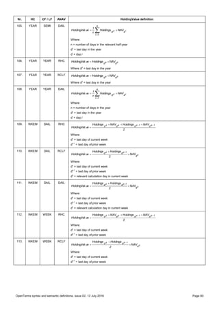 OpenTerms syntax and semantic definitions, issue 02, 12 July 2016 Page 80
Nr. HC CF / LF ANAV HoldingValue definition
105. YEAR SEMI DAIL


n
1i
dd iz NAVHoldings
n
1
ueHoldingVal
Where:
n = number of days in the relevant half-year
dz
= last day in the year
di
= day i
106. YEAR YEAR RHC zz
dd
NAVHoldingsueHoldingVal 
Where dz
= last day in the year
107. YEAR YEAR RCLF zz
dd
NAVHoldingsueHoldingVal 
Where dz
= last day in the year
108. YEAR YEAR DAIL


n
1i
dd iz NAVHoldings
n
1
ueHoldingVal
Where:
n = number of days in the year
dz
= last day in the year
di
= day i
109. WKEM DAIL RHC
2
NAVHoldingsNAVHoldings
ueHoldingVal
1z1zzz
dddd  

Where:
dz
= last day of current week
dz-1
= last day of prior week
110. WKEM DAIL RCLF
c
1zz
d
dd NAV
2
HoldingsHoldings
ueHoldingVal 



Where:
dz
= last day of current week
dz-1
= last day of prior week
dc
= relevant calculation day in current week
111. WKEM DAIL DAIL
c
1zz
d
dd NAV
2
HoldingsHoldings
ueHoldingVal 



Where:
dz
= last day of current week
dz-1
= last day of prior week
dc
= relevant calculation day in current week
112. WKEM WEEK RHC
2
NAVHoldingsNAVHoldings
ueHoldingVal
1z1zzz
dddd  

Where:
dz
= last day of current week
dz-1
= last day of prior week
113. WKEM WEEK RCLF
z
1zz
d
dd NAV
2
HoldingsHoldings
ueHoldingVal 



Where:
dz
= last day of current week
dz-1
= last day of prior week
 