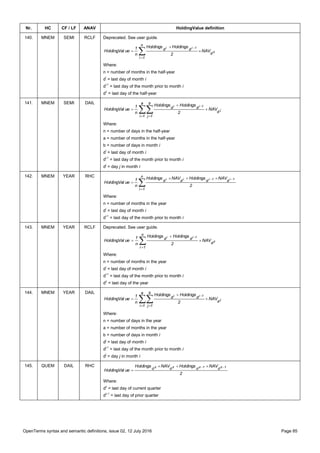 OpenTerms syntax and semantic definitions, issue 02, 12 July 2016 Page 85
Nr. HC CF / LF ANAV HoldingValue definition
140. MNEM SEMI RCLF Deprecated. See user guide.
z
1ii
d
n
1i
dd NAV
2
HoldingsHoldings
n
1
ueHoldingVal 

 

Where:
n = number of months in the half-year
di
= last day of month i
di-1
= last day of the month prior to month i
dz
= last day of the half-year
141. MNEM SEMI DAIL
 




a
1i
d
b
1j
dd
j
1ii
NAV
2
HoldingsHoldings
n
1
ueHoldingVal
Where:
n = number of days in the half-year
a = number of months in the half-year
b = number of days in month i
di
= last day of month i
di-1
= last day of the month prior to month i
dj
= day j in month i
142. MNEM YEAR RHC

 

n
1i
dddd
2
NAVHoldingsNAVHoldings
n
1
ueHoldingVal
1i1iii
Where:
n = number of months in the year
di
= last day of month i
di-1
= last day of the month prior to month i
143. MNEM YEAR RCLF Deprecated. See user guide.
z
1ii
d
n
1i
dd
NAV
2
HoldingsHoldings
n
1
ueHoldingVal 

 

Where:
n = number of months in the year
di
= last day of month i
di-1
= last day of the month prior to month i
dz
= last day of the year
144. MNEM YEAR DAIL
 




a
1i
d
b
1j
dd
j
1ii
NAV
2
HoldingsHoldings
n
1
ueHoldingVal
Where:
n = number of days in the year
a = number of months in the year
b = number of days in month i
dj
= last day of month i
dj-1
= last day of the month prior to month i
dj
= day j in month i
145. QUEM DAIL RHC
2
NAVHoldingsNAVHoldings
ueHoldingVal
1z1zzz
dddd  

Where:
dz
= last day of current quarter
dz-1
= last day of prior quarter
 