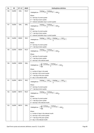 OpenTerms syntax and semantic definitions, issue 02, 12 July 2016 Page 86
Nr. HC CF / LF ANAV HoldingValue definition
146. QUEM DAIL RCLF
c
1zz
d
dd NAV
2
HoldingsHoldings
ueHoldingVal 



Where:
dz
= last day of current quarter
dz-1
= last day of prior quarter
dc
= relevant calculation day in current quarter
147. QUEM DAIL DAIL
c
1zz
d
dd NAV
2
HoldingsHoldings
ueHoldingVal 



Where:
dz
= last day of current quarter
dz-1
= last day of prior quarter
dc
= relevant calculation day in current quarter
148. QUEM WEEK RHC
2
NAVHoldingsNAVHoldings
ueHoldingVal
1z1zzz
dddd  

Where:
dz
= last day of current quarter
dz-1
= last day of prior quarter
149. QUEM WEEK RCLF
c
1zz
d
dd NAV
2
HoldingsHoldings
ueHoldingVal 



Where:
dz
= last day of current quarter
dz-1
= last day of prior quarter
dc
= last day in the relevant week
150. QUEM WEEK DAIL





n
1i
d
dd
i
1zz
NAV
2
HoldingsHoldings
n
1
ueHoldingVal
Where:
n = number of days in the week
dz
= last day in the current quarter
dz-1
= last day of the prior quarter
di
= day i in the relevant week
151. QUEM MNTH RHC
2
NAVHoldingsNAVHoldings
ueHoldingVal
1z1zzz
dddd  

Where:
dz
= last day of current quarter
dz-1
= last day of prior quarter
152. QUEM MNTH RCLF
c
1zz
d
dd NAV
2
HoldingsHoldings
ueHoldingVal 



Where:
dz
= last day of current quarter
dz-1
= last day of prior quarter
dc
= last day in the relevant month
153. QUEM MNTH DAIL





n
1i
d
dd
i
1zz
NAV
2
HoldingsHoldings
n
1
ueHoldingVal
Where:
n = number of days in the relevant month
dz
= last day in the current quarter
dz-1
= last day of the prior quarter
di
= day i in the relevant month
 