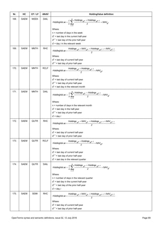 OpenTerms syntax and semantic definitions, issue 02, 12 July 2016 Page 89
Nr. HC CF / LF ANAV HoldingValue definition
168. SAEM WEEK DAIL





n
1i
d
dd
i
1zz
NAV
2
HoldingsHoldings
n
1
ueHoldingVal
Where:
n = number of days in the week
dz
= last day in the current half-year
dz-1
= last day of the prior half-year
di
= day i in the relevant week
169. SAEM MNTH RHC
2
NAVHoldingsNAVHoldings
ueHoldingVal
1z1zzz
dddd  

Where:
dz
= last day of current half-year
dz-1
= last day of prior half-year
170. SAEM MNTH RCLF
c
1zz
d
dd NAV
2
HoldingsHoldings
ueHoldingVal 



Where:
dz
= last day of current half-year
dz-1
= last day of prior half-year
dc
= last day in the relevant month
171. SAEM MNTH DAIL





n
1i
d
dd
i
1zz
NAV
2
HoldingsHoldings
n
1
ueHoldingVal
Where:
n = number of days in the relevant month
dz
= last day in the half-year
dz-1
= last day of prior half-year
di
= day i
172. SAEM QUTR RHC
2
NAVHoldingsNAVHoldings
ueHoldingVal
1z1zzz
dddd  

Where:
dz
= last day of current half-year
dz-1
= last day of prior half-year
173. SAEM QUTR RCLF
c
1zz
d
dd NAV
2
HoldingsHoldings
ueHoldingVal 



Where:
dz
= last day of current half-year
dz-1
= last day of prior half-year
dc
= last day in the relevant quarter
174. SAEM QUTR DAIL





n
1i
d
dd
i
1zz
NAV
2
HoldingsHoldings
n
1
ueHoldingVal
Where:
n = number of days in the relevant quarter
dz
= last day in the current half-year
dz-1
= last day of the prior half-year
di
= day i
175. SAEM SEMI RHC
2
NAVHoldingsNAVHoldings
ueHoldingVal
1z1zzz
dddd  

Where:
dz
= last day of current half-year
dz-1
= last day of prior half-year
 
