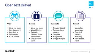OpenText Confidential. ©2019 All Rights Reserved. 13
2
OpenText Brava!
View
 View, not open
 Any document
 Any device
 Thumbnails
 HTML-based
Secure
 View, not open
 Visual Rights
 Extends
Content Suite
permissions
 Group-based
views
Annotate
 Browser-based
 Comment and
markup
 Compare
 e-Signature
 Merge changes
Redact
 Manual or
automated
 Search &
pattern
matching
 Role-based
views
 