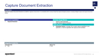 OpenText Confidential. ©2019 All Rights Reserved. 94
Capture Document Extraction
Description
OpenText Capture Document Extraction is a toolkit for ingestion of documents. It is embedded within a variety of OpenText Capture & Digitize products, including Intelligent Capture and Capture Document
Reader.
Features & Capabilities End-User Target Market
 Keyword Extraction • Small to Large Enterprises
• High-Volume Capture Processes
OEM Use Cases
 Embedded Capture. Leverage CDE to extend capture capabilities to your
application, or build an application with capture as the foundation.
Integration & Add-Ons
Integrated into:
 N/A
Add-on for:
 N/A
 
