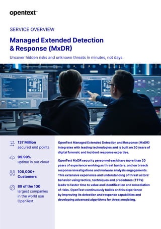 SERVICE OVERVIEW
Managed Extended Detection
& Response (MxDR)
Uncover hidden risks and unknown threats in minutes, not days
OpenText Managed Extended Detection and Response (MxDR)
integrates with leading technologies and is built on 30 years of
digital forensic and incident response expertise.
OpenText MxDR security personnel each have more than 20
years of experience working as threat hunters, and on breach
response investigations and malware analysis engagements.
This extensive experience and understanding of threat actors’
behavior using tactics, techniques and procedures (TTPs)
leads to faster time to value and identification and remediation
of risks. OpenText continuously builds on this experience
by improving its detection and response capabilities and
developing advanced algorithms for threat modeling.
137 Million
secured end points
99.99%
uptime in our cloud
100,000+
Customers
89 of the 100
largest companies
in the world use
OpenText
 