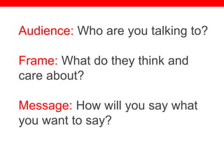 @txtbks | sparc.arl.org
Audience: Who are you talking to?
Frame: What do they think and
care about?
Message: How will you say what
you want to say?