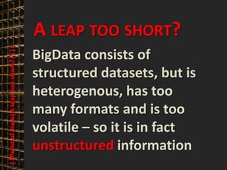© PROJECT CONSULT Unternehmensberatung Dr. Ulrich Kampffmeyer GmbH 2011   / Autorenrecht: <Vorname Nachname> Mrz-13 / Quelle: PROJECT CONSULT 3




                                              A LEAP TOO SHORT?
      ||Point of view|A leap too short?||||




                                              BigData consists of
                                              structured datasets, but is
                                              heterogenous, has too
                                              many formats and is too
                                              volatile – so it is in fact
                                              unstructured information
Elektronische Archivierung und elektronisches Records Management                                                 Dr. Ulrich Kampffmeyer                                                 VSA Jahresversammlung 2012   27
 