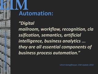 EIM
  Automation:
                                         © PROJECT CONSULT Unternehmensberatung Dr. Ulrich Kampffmeyer GmbH 2011   / Autorenrecht: <Vorname Nachname> Mrz-13 / Quelle: PROJECT CONSULT 3




                                      “Digital
                                      mailroom, workflow, recognition, cla
      |||Solutions|Automation||




                                      ssification, semantics, artificial
                                      intelligence, business analytics ...
                                      they are all essential components of
                                      business process automation.”

                                                                                                                                                        Ulrich Kampffmeyer, EIM Update 2010


Elektronische Archivierung und elektronisches Records Management                                          Dr. Ulrich Kampffmeyer                                                 VSA Jahresversammlung 2012   36
 