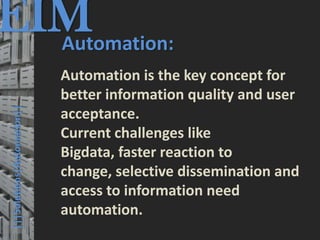 EIM
  Automation:
                                         © PROJECT CONSULT Unternehmensberatung Dr. Ulrich Kampffmeyer GmbH 2011   / Autorenrecht: <Vorname Nachname> Mrz-13 / Quelle: PROJECT CONSULT 3




                                      Automation is the key concept for
                                      better information quality and user
      |||Solutions|Automation||




                                      acceptance.
                                      Current challenges like
                                      Bigdata, faster reaction to
                                      change, selective dissemination and
                                      access to information need
                                      automation.
Elektronische Archivierung und elektronisches Records Management                                          Dr. Ulrich Kampffmeyer                                                 VSA Jahresversammlung 2012   37
 