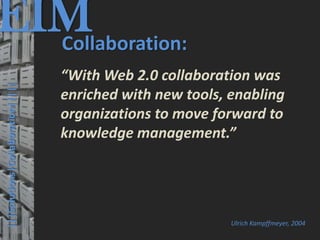 EIM
  Collaboration:
                                         © PROJECT CONSULT Unternehmensberatung Dr. Ulrich Kampffmeyer GmbH 2011   / Autorenrecht: <Vorname Nachname> Mrz-13 / Quelle: PROJECT CONSULT 3




                                      “With Web 2.0 collaboration was
  |||Solutions|Collaboration|||||




                                      enriched with new tools, enabling
                                      organizations to move forward to
                                      knowledge management.”




                                                                                                                                                                                      Ulrich Kampffmeyer, 2004
Elektronische Archivierung und elektronisches Records Management                                          Dr. Ulrich Kampffmeyer                                                 VSA Jahresversammlung 2012      42
 