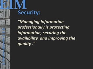 EIM
  Security:
                                         © PROJECT CONSULT Unternehmensberatung Dr. Ulrich Kampffmeyer GmbH 2011   / Autorenrecht: <Vorname Nachname> Mrz-13 / Quelle: PROJECT CONSULT 3




                                      “Managing Information
                                      professionally is protecting
  |||Solutions|Security|||||||




                                      information, securing the
                                      availibility, and improving the
                                      quality .”




Elektronische Archivierung und elektronisches Records Management                                          Dr. Ulrich Kampffmeyer                                                 VSA Jahresversammlung 2012   46
 