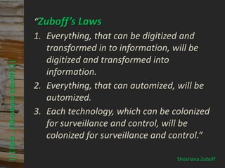 © PROJECT CONSULT Unternehmensberatung Dr. Ulrich Kampffmeyer GmbH 2011   / Autorenrecht: <Vorname Nachname> Mrz-13 / Quelle: PROJECT CONSULT 3



                                      “Zuboff’s Laws
                                      1. Everything, that can be digitized and
                                         transformed in to information, will be
                                         digitized and transformed into
      ||||But …|Shoshana Zuboff||||




                                         information.
                                      2. Everything, that can automized, will be
                                         automized.
                                      3. Each technology, which can be colonized
                                         for surveillance and control, will be
                                         colonized for surveillance and control.“

                                                                                                                                                                                                 Shoshana Zuboff
Elektronische Archivierung und elektronisches Records Management                                          Dr. Ulrich Kampffmeyer                                                 VSA Jahresversammlung 2012        59
 