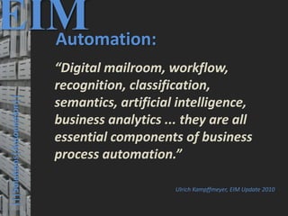 36
© PROJECT CONSULT Unternehmensberatung Dr. Ulrich Kampffmeyer GmbH 2011 / Autorenrecht: <Vorname Nachname> Mrz-20 / Quelle: PROJECT CONSULT 3
Elektronische Archivierung und elektronisches Records Management VSA Jahresversammlung 2012Dr. Ulrich Kampffmeyer
|||Solutions|Automation||
EIMAutomation:
“Digital mailroom, workflow,
recognition, classification,
semantics, artificial intelligence,
business analytics ... they are all
essential components of business
process automation.”
Ulrich Kampffmeyer, EIM Update 2010
 