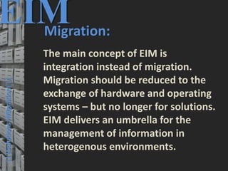 41
© PROJECT CONSULT Unternehmensberatung Dr. Ulrich Kampffmeyer GmbH 2011 / Autorenrecht: <Vorname Nachname> Mrz-20 / Quelle: PROJECT CONSULT 3
Elektronische Archivierung und elektronisches Records Management VSA Jahresversammlung 2012Dr. Ulrich Kampffmeyer
EIMMigration:
The main concept of EIM is
integration instead of migration.
Migration should be reduced to the
exchange of hardware and operating
systems – but no longer for solutions.
EIM delivers an umbrella for the
management of information in
heterogenous environments.
|||Solutions|Migration|||
 
