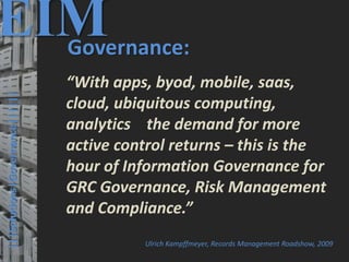 44
© PROJECT CONSULT Unternehmensberatung Dr. Ulrich Kampffmeyer GmbH 2011 / Autorenrecht: <Vorname Nachname> Mrz-20 / Quelle: PROJECT CONSULT 3
Elektronische Archivierung und elektronisches Records Management VSA Jahresversammlung 2012Dr. Ulrich Kampffmeyer
|||Solutions|Governance||||||
EIMGovernance:
“With apps, byod, mobile, saas,
cloud, ubiquitous computing,
analytics the demand for more
active control returns – this is the
hour of Information Governance for
GRC Governance, Risk Management
and Compliance.”
Ulrich Kampffmeyer, Records Management Roadshow, 2009
 