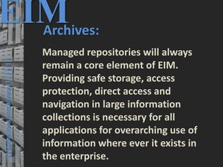 51
© PROJECT CONSULT Unternehmensberatung Dr. Ulrich Kampffmeyer GmbH 2011 / Autorenrecht: <Vorname Nachname> Mrz-20 / Quelle: PROJECT CONSULT 3
Elektronische Archivierung und elektronisches Records Management VSA Jahresversammlung 2012Dr. Ulrich Kampffmeyer
EIMArchives:
Managed repositories will always
remain a core element of EIM.
Providing safe storage, access
protection, direct access and
navigation in large information
collections is necessary for all
applications for overarching use of
information where ever it exists in
the enterprise.
|||Solutions|Archives|||||||||
 