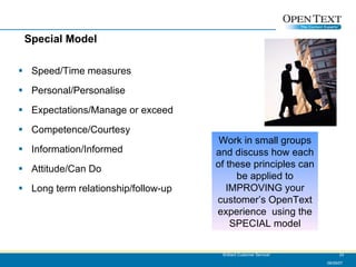 Special Model Speed/Time measures Personal/Personalise Expectations/Manage or exceed Competence/Courtesy Information/Informed Attitude/Can Do Long term relationship/follow-up 06/09/07 Brilliant Customer Service! Work in small groups and discuss how each of these principles can be applied to IMPROVING your customer’s OpenText experience  using the SPECIAL model 