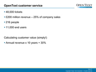 OpenText customer service 48,000 tickets £200 million revenue – 25% of company sales 216 people 11,000 end users Calculating customer value (simply!) Annual revenue x 10 years + 30% Copyright © Open Text Corporation . All rights reserved. Slide  