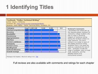 1 Identifying Titles
15
Full reviews are also available with comments and ratings for each chapter
 