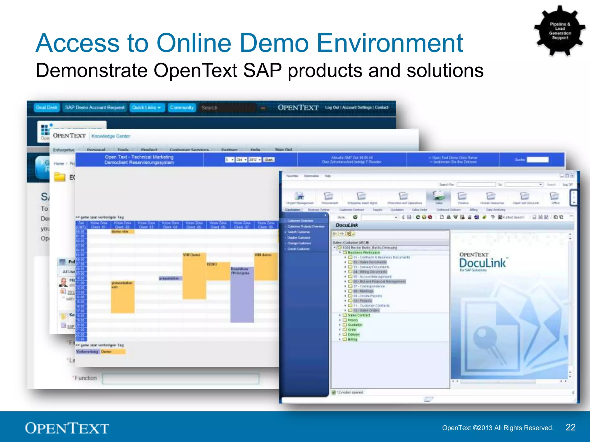 OpenText ©2013 All Rights Reserved. 22
Access to Online Demo Environment
Demonstrate OpenText SAP products and solutions
 