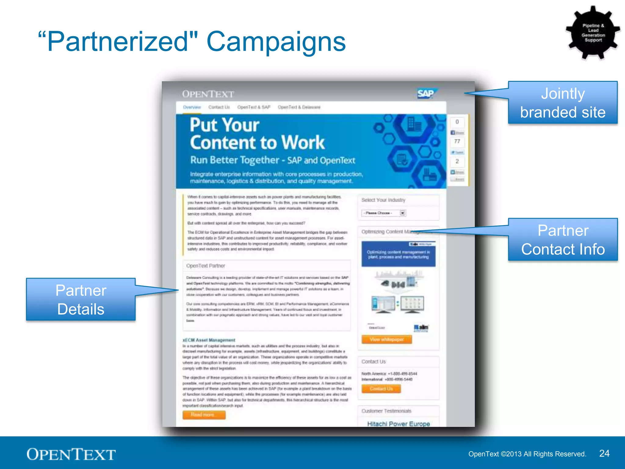 OpenText ©2013 All Rights Reserved. 24
“Partnerized" Campaigns
Jointly
branded site
Partner
Contact Info
Partner
Details
 
