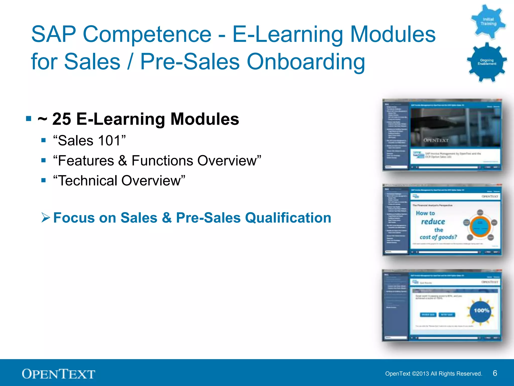 OpenText ©2013 All Rights Reserved. 6
SAP Competence - E-Learning Modules
for Sales / Pre-Sales Onboarding
 ~ 25 E-Learning Modules
 “Sales 101”
 “Features & Functions Overview”
 “Technical Overview”
Focus on Sales & Pre-Sales Qualification
 