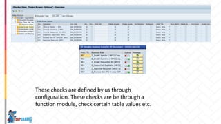These checks are defined by us through
configuration. These checks are be through a
function module, check certain table values etc.
 