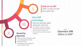 Add on to SAP
• VIM is an add-on to SAP.
• Runs within SAP
Uses SAP
technology
• VIM uses Workflow, ABAP,
Netweaver and portal.
• This makes it easy for a company
to use VIM as everyone is already
familiar with the components.
• Think of VIM an additional module
with SAPOwned by
Opentext
• VIM is owned by Opentext and It
was developed by working
closely with SAP.
• It integrates with the logistics
and FI module of SAP
Opentext VIM
Addon to SAP
 