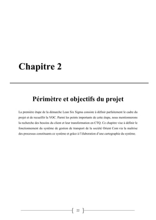 22
Chapitre 2
Périmètre et objectifs du projet
La première étape de la démarche Lean Six Sigma consiste à définir parfaitement le cadre du
projet et de recueillir la VOC. Parmi les points importants de cette étape, nous mentionnerons
la recherche des besoins du client et leur transformation en CTQ. Ce chapitre vise à définir le
fonctionnement du système de gestion de transport de la société Orient Com via la maîtrise
des processus constituants ce système et grâce à l’élaboration d’une cartographie du système.
 