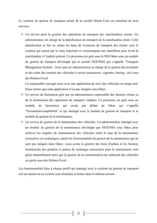 25
Le système de gestion de transport actuel de la société Orient Com est constitué de trois
services:
 Un service pour la gestion des opérations de transport des marchandises clients. Un
administrateur est chargé de la planification du transport de la marchandise client. Cette
planification se fait en créant les bons de livraisons de transport des clients sous le
système qui seront par la suite imprimés et communiqués aux chauffeurs pour livrer la
marchandise à l’endroit précisé. Ce processus est géré sous le PGI Odoo sous un module
de gestion de transport développé par la société NEXTMA qui s’appelle ‘Transport
Management System’. Ainsi que cet administrateur se charge de la gestion des accidents
et des coûts des contrats des véhicules à savoir (assurances, vignettes, leasing ..etc) sous
des fichiers Excel.
Ce responsable interagit aussi avec une application de suivi des véhicules en temps réel.
Nous notons que cette application n’est pas intégrée sous Odoo.
 Un service de facturation géré par un administrateur responsable des factures clients et
de la terminaison des opérations de transport validées. Ce processus est géré sous un
module de facturation qui existe par défaut en Odoo qui s’appelle
‘Facturation/comptabilité’ et qui interagit avec le module de gestion de transport et le
module de gestion de la maintenance.
 Un service de gestion de la maintenance des véhicules. Un administrateur interagit avec
un module de gestion de la maintenance développé par NEXTMA sous Odoo pour
archiver les requêtes de maintenances des véhicules selon le type de la maintenance
(corrective ou systémique), parmi les fonctionnalités de gestion de la maintenance qui ne
sont pas intégrés dans Odoo : nous avons la gestion des bons d’achats et les factures
fournisseurs des produits et pièces de rechanges nécessaires pour la maintenance sont
gérés manuellement ainsi que la gestion de la consommation du carburant des véhicules
est gérée sous des fichiers Excel.
Les fonctionnalités liées à chaque profil qui interagit avec le système de gestion de transport
soit en interne ou en externe sont résumées et listées dans le tableau suivant :
 