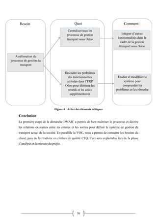 30
Figure 4 : Arbre des éléments critiques
Conclusion
La première étape de la démarche DMAIC a permis de bien maîtriser le processus et décrire
les relations existantes entre les entrées et les sorties pour définir le système de gestion de
transport actuel de la société. En parallèle la VOC, nous a permis de connaitre les besoins du
client, puis de les traduire en critères de qualité CTQ. Ceci sera exploitable lors de la phase
d’analyse et de mesure du projet.
 