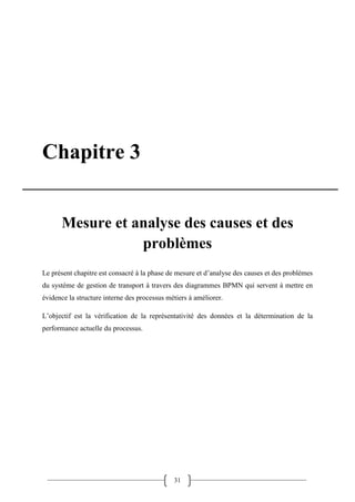 31
Chapitre 3
Mesure et analyse des causes et des
problèmes
Le présent chapitre est consacré à la phase de mesure et d’analyse des causes et des problèmes
du système de gestion de transport à travers des diagrammes BPMN qui servent à mettre en
évidence la structure interne des processus métiers à améliorer.
L’objectif est la vérification de la représentativité des données et la détermination de la
performance actuelle du processus.
 