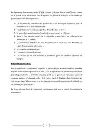 37
Le diagramme du processus métier BPMN, présenté ci-dessus, illustre les différentes phases
de la gestion de la maintenance dans le système de gestion de transport de la société qui
pourraient survenir durant processus:
1- La réception des demandes des produits/pièces de rechanges nécessaires pour la
maintenance de la part du mécanicien;
2- La vérification d’existence des produits demandés dans le stock ;
3- Si les produits sont disponibles le mécanicien peut réparer le véhicule ;
4- Sinon il faut attendre jusqu’à la réception des produits/pièces de rechanges d’un
fournisseur de la société ;
5- L’administrateur doit créer des bons de commandes au fournisseur pour demander les
pièces de maintenance nécessaires ;
6- Les produits sont disponibles ;
7- Le mécanicien répare le véhicule ;
8- Le véhicule est en état maintenu et disponible pour une nouvelle opération de
transport.
Les problèmes identifiés:
Lors la maintenance des véhicules en panne, le responsable de la maintenance doit créer des
requêtes de maintenance pour archiver sous Odoo les opérations des maintenances effectuées
pour chaque véhicule, le problème rencontrés c’est que la gestion de stock des produits et
pièces de rechange n’est pas gérée, lors de la rupture du stock de ces produits, le mécanicien
doit attendre jusqu’à la demande et la réception de la commande pour réparer le véhicule ce
qui engendre un retard relatif.
La figure suivante illustre les produits de maintenances saisit sous le module de gestion de la
maintenance :
 